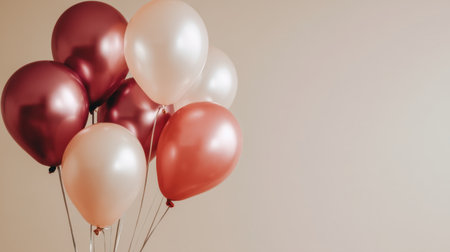A vibrant grouping of balloons in various shades including red, white, and peach against a soft beige backdrop, perfect for party decorations and festive occasions.の素材