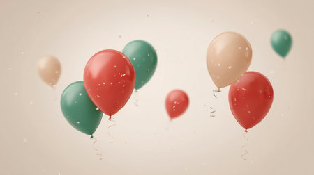 Vibrant balloons in red, green, and beige float gracefully in the air, spreading joy and creating an inviting atmosphere for any celebration or gathering.の素材