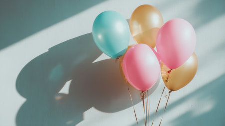 Colorful balloons in pastel shades feature in soft light, casting gentle shadows on the wall, ideal for birthday celebrations, festive events, and joyful occasions.の素材
