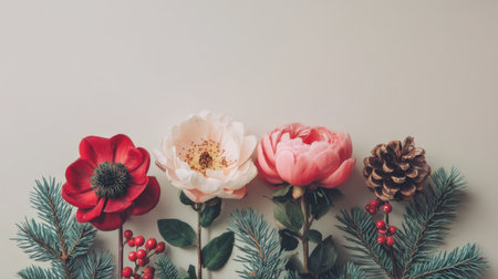 This captivating image showcases a delicate arrangement of seasonal flowers alongside greenery and a pine cone, perfect for nature-inspired designs and decor projects.の素材