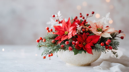 Beautiful festive arrangement featuring red and white poinsettias interspersed with berries and evergreen foliage in a charming bowl, perfect for holiday decor.の素材