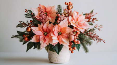 This stunning floral arrangement features vibrant pink blooms in a sleek cream ceramic vase, bringing a touch of nature's beauty to any indoor space or celebration.の素材