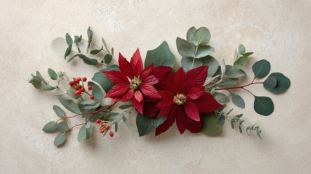 Discover a stunning arrangement of vibrant red poinsettias surrounded by lush greenery, perfect for holiday decor and seasonal inspiration on a soft neutral backdrop.の素材