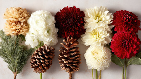 A stunning arrangement of flowers and pine cones showcasing vibrant reds and whites, perfect for enhancing seasonal designs and creating a cozy atmosphere. Ideal for decor.の素材