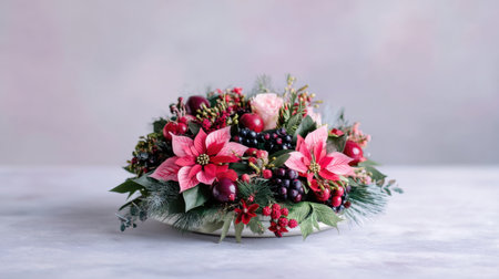 A stunning floral arrangement featuring pink poinsettias and red berries, perfect for festive occasions or home decor. Ideal for table settings and celebrations.の素材