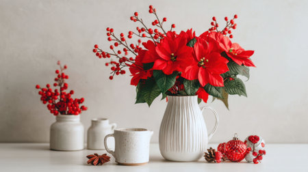 A vibrant arrangement of red poinsettias in a stylish vase, surrounded by holiday elements, perfect for festive decor ideas and warm home atmosphere.の素材