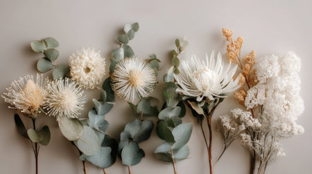 A visually appealing display of dried flowers and greenery with various textures and colors, perfect for enhancing interior spaces or inspiring creative projects.の素材