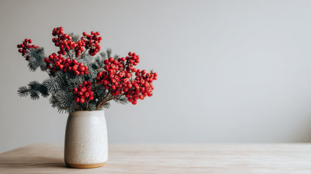 A stunning still life featuring vibrant red berries and lush pine branches arranged in a minimal ceramic vase atop a wooden table, perfect for cozy home decor.の素材