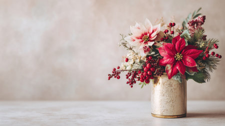 A stunning arrangement of red and pink flowers in an antique gold vase creates a warm and inviting atmosphere, perfect for holiday gatherings and home decor.の素材