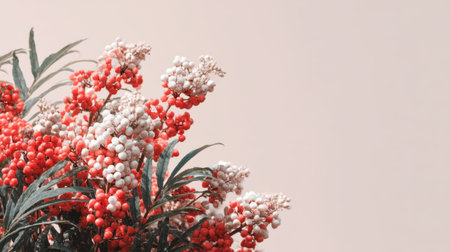 A stunning arrangement of red and white berries with lush green leaves set against a soft neutral background, perfect for adding a touch of natural elegance to any space.の素材