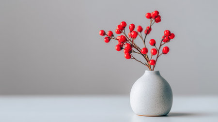 A striking display of red berries in a light gray ceramic vase adds a touch of elegance to any space. Ideal for showcasing minimalistic style and natural beauty.の素材