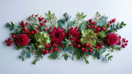 A stunning and colorful floral arrangement featuring red blooms and lush green foliage set against a soft gray backdrop, perfect for celebrations and decorations.の素材
