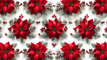 Bright red poinsettias combined with pinecones and berries create a vibrant holiday pattern, perfect for festive decorations and winter celebrations at home.の素材