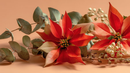 A stunning arrangement of vibrant red poinsettia flowers and lush greenery, set against a warm peach background, perfect for holiday decor and floral inspiration.の素材
