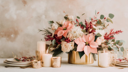 Captivating floral arrangement with pink poinsettias and white roses, complemented by candles and plates, perfect for holiday celebrations and elegant table settings.の素材