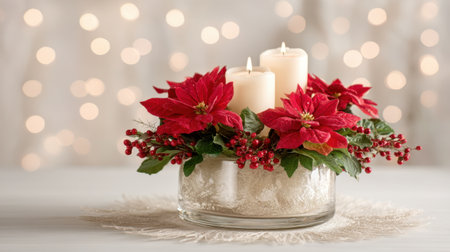 A stunning arrangement featuring vibrant red poinsettias and white candles set against a soft light background, perfect for holiday celebrations and decor inspiration.の素材