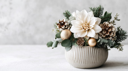 This beautiful floral arrangement features elegant white blooms and natural greens with gold accents, perfect for adding a touch of sophistication to any space.の素材