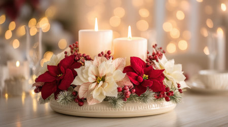 A stunning holiday centerpiece featuring two lit candles surrounded by a vibrant floral arrangement of red and white poinsettias, creating a warm and inviting atmosphere.の素材