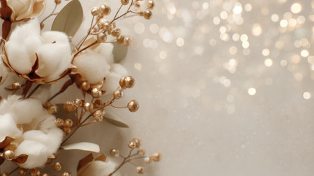 A beautiful cotton bouquet with golden accents rests against a softly blurred sparkling background, ideal for wedding themes, floral arrangements, and elegant decor.の素材