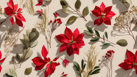 A captivating arrangement featuring vibrant red poinsettias and assorted greenery set against a neutral background. Ideal for holiday decor and floral design ideas.の素材