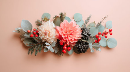 This stunning floral arrangement features pink and white flowers adorned with greenery and vibrant red berries against a soft peach backdrop. Perfect for seasonal decor!の素材