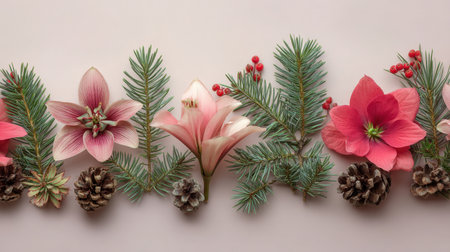 A captivating arrangement featuring stunning flowers and greenery, perfect for seasonal decor. Embrace the beauty of nature for holiday celebrations and events.の素材