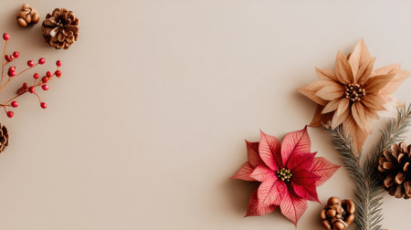 A stunning display of red and beige flowers, pine cones, and red berries set against a soft beige background, ideal for seasonal decoration and aesthetic enhancement.の素材