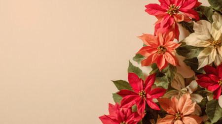 A beautiful floral arrangement showcasing poinsettia flowers in shades of red, pink, and cream, perfect for enhancing holiday decor and capturing festive spirit.の素材