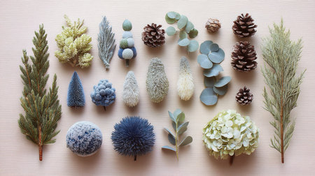 Beautiful arrangement of natural elements showcasing diverse textures and colors. Ideal for home decor, seasonal themes, and artistic projects celebrating nature.の素材