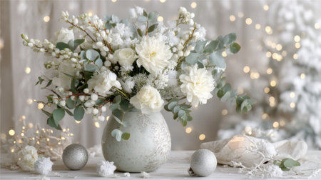 A stunning white floral arrangement in a textured vase surrounded by soft lights and decorative elements, perfect for enhancing festive and romantic occasions.の素材