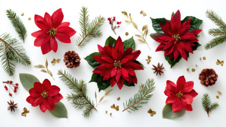 A stunning arrangement of bright red poinsettia flowers, greenery, and pine cones set against a clean white background, perfect for holiday themes and seasonal decor.の素材