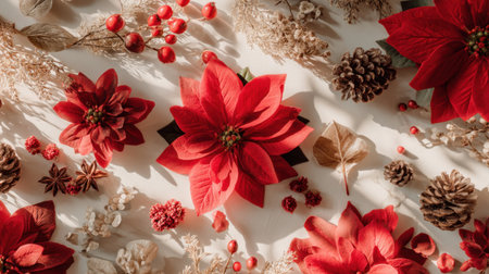 Stunning composition featuring a vibrant red poinsettia surrounded by dried flowers and pine cones, perfect for creating a festive atmosphere in home decor and seasonal projects.の素材