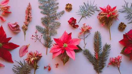 A vibrant collection of seasonal flowers and leaves arranged artistically on a white background, creating a perfect visual for arts and crafts projects and festive celebrations.の素材