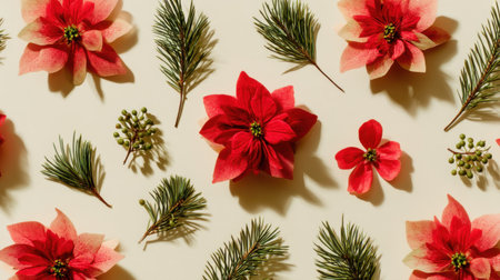 Beautiful arrangement of red flowers and green foliage on a cream background creates an inviting seasonal decor perfect for holiday celebrations and festive events.の素材