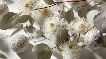This visually striking composition features elegant white flowers and textured elements, paired with soft greenery, creating a serene atmosphere ideal for interior design inspiration.の素材