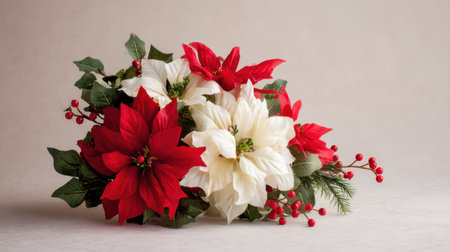 Bright and cheerful arrangement featuring red and white poinsettia flowers accented with greenery and berries, ideal for holiday celebrations and seasonal decoration.の素材