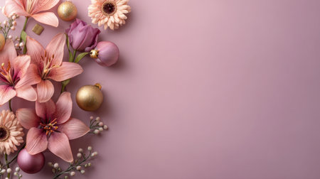 This beautiful floral arrangement features pink lilies, roses, and decorative ornaments on a soft lavender background, perfect for celebrations and seasonal events.の素材