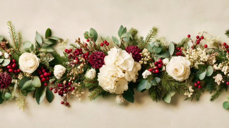 This stunning floral arrangement features a blend of white roses, burgundy blooms, and lush greenery, perfect for enhancing any festive setting or celebration.の素材