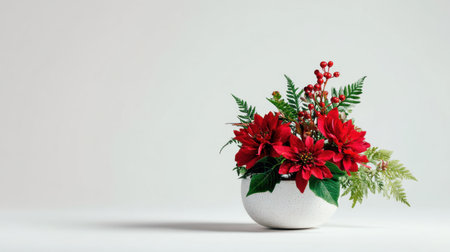 A beautiful arrangement of vibrant red flowers paired with delicate foliage in a minimalist white pot, perfect for enhancing any modern interior or festive season.の素材