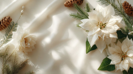 This beautiful composition features elegant white flowers and pinecones arranged on soft cream fabric, perfect for seasonal decorations and creating a cozy ambiance.の素材