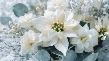 An elegant floral arrangement showcasing white poinsettias and eucalyptus leaves, creating a serene atmosphere perfect for winter decor or special occasions.の素材