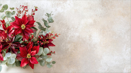 A beautiful arrangement of vibrant red poinsettias and eucalyptus leaves against a soft neutral background, perfect for holiday decorating and adding festive charm.の素材