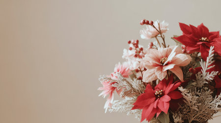 This stunning floral arrangement features vibrant red and pink flowers complemented by greenery, ideal for adding a touch of beauty and warmth to any indoor space.の素材
