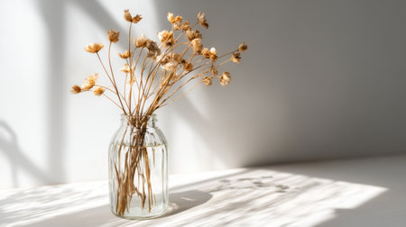 A serene composition featuring dried flowers arranged in a glass vase, illuminated by natural light, casting soft shadows on a minimalist background, evoking warmth and simplicity.の素材