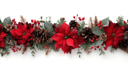 A stunning arrangement of vibrant red poinsettias, assorted pine cones, and festive berries against a backdrop of green foliage. Perfect for holiday decor.の素材