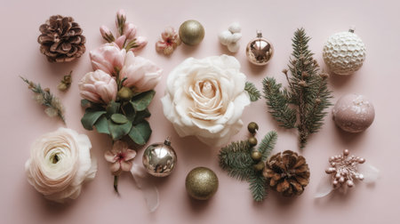A beautifully arranged collection of flowers and ornaments set against a soft pink background, perfect for inspiring festive decor ideas during the holiday season.の素材