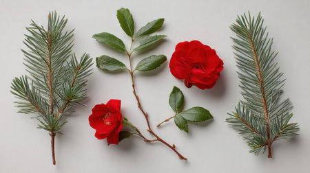 This image features striking red camellia flowers alongside lush green pine branches, creating a beautiful arrangement perfect for seasonal decorations and natural designs.の素材