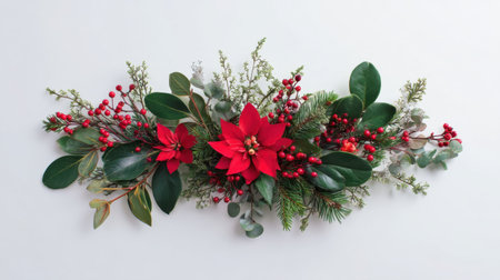 A beautiful arrangement featuring vibrant red poinsettia flowers surrounded by lush greenery and berries. Ideal for winter celebrations and holiday decor.の素材