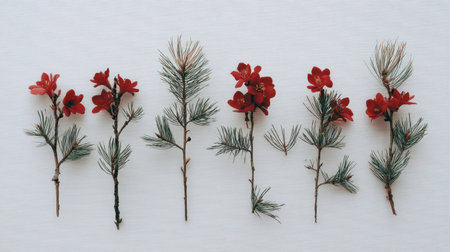 A serene composition featuring vivid red flowers and lush green pine sprigs arranged neatly on a soft white background, perfect for seasonal themes and decoration.の素材
