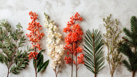 Beautifully arranged selection of vibrant seasonal flowers and lush greenery on a textured surface, perfect for nature-inspired decor and creative projects.の素材